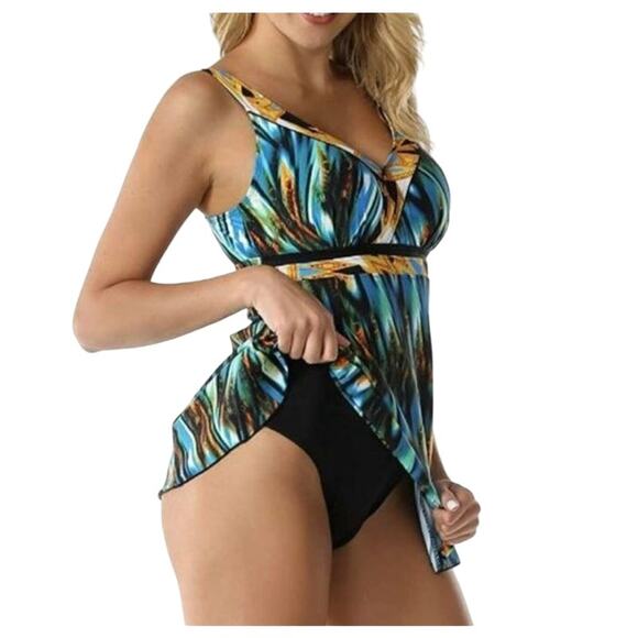 Septangle Colorful Boho Tropical Padded Bra V-Neck Swim Dress Plus Size 24W - Picture 2 of 9